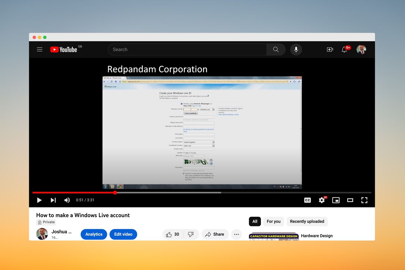 A screenshot of a video tutorial, "How to create a Windows Live account" that I created in the early days of YouTube