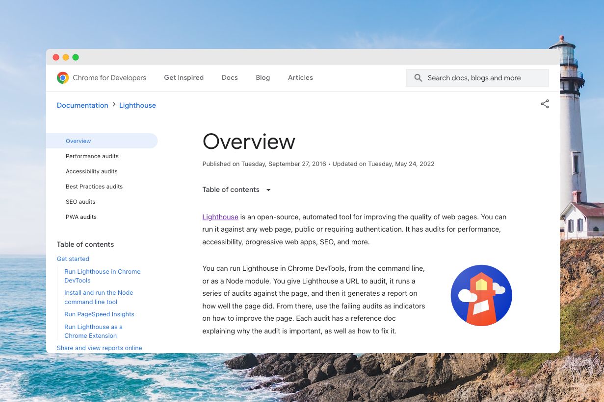 A screenshot of the Google Lighthouse documentation site